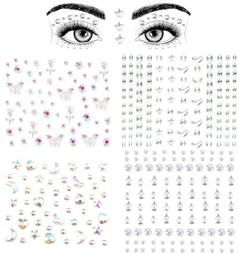 4 Sheets Face Gemstones, Self-Adhesive Face Diamonds Stickers Rhinestones for Makeup Hair Gems Pearl Face Rhinestone Tattoos for Women Girls Face Eyes Nail Hair
