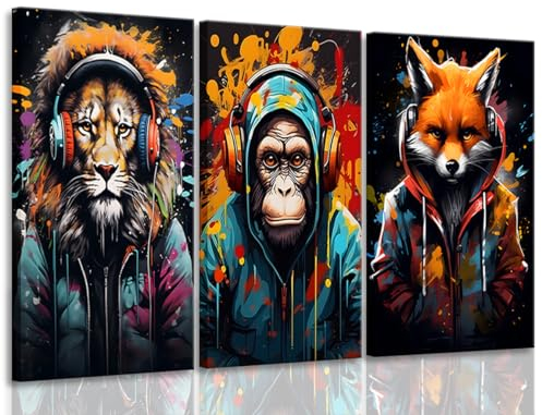 Gerahmte Graffiti-Tier-Wandkunst, Banksy-Graffiti-Kunst, abstrakte Leinwand-Poster, Drucke, lustige Tierbilder, bunter Affe, Tiger mit Fuchs, Kopfhörer, Gemälde, Cartoon-Wanddekoration für