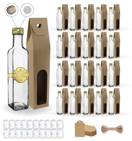 20 Botellas de Cristal 250ml con Tapón de Rosca Dorado con Boquilla Vertedora + 20 Cajas + 20 Sellos + 20 Etiquetas Kraft + Cuerda - Aceite de Oliva, Vinagre, Alcohol - Aceitera de Cristal