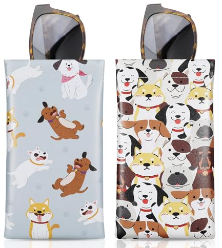 MoKo Weiches Brillenetui, 2 Stück Tragebar Sonnenbrillen Etui PU Leder Anti-Kratzer Sonnenbrillen Aufbewahrungstasche mit Reinigungstuch, Niedlicher Hund & Spielender Hund