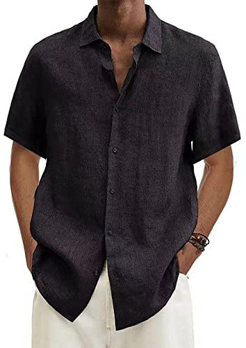 Mes Commandes Chemise Noire Homme Ete Manches Courtes Tee Shirt Coton Grande Taille Chemise Lin Homme sans Repassage Mode Chemisette Pas Cher Vêtements Homme Marque Noir 5XL
