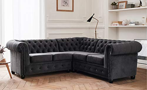 Lisa Design William - Chesterfield Ecksofa beidseitig montierbar - 5 Sitzplätze - aus Samt Dunkelgrau