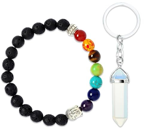 QTTRPCU Chakra Armband Echte Heilsteine, Lavastein und Buddha-Perle + Bergkristall-Schlüsselanhänger, Chakren Perlenarmband aus 6mm Naturstein, Meditation Zubehör, Yoga Schmuck