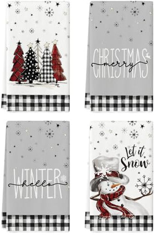 Artoid Mode Schwarz Weiß Büffelkaro Schneemann Bäume Weihnachten Küchentücher Geschirrtücher, 42x65 cm Schneeflocken Deko Polyester Handtücher 4er Set