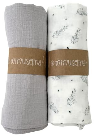MIMUSELINA Packung mit 2 Mulltücher aus Baumwolle, quadratisch, 1 x 1 m, für Babys aus Baumwoll-Gaze, super weich, saugfähig und vielseitig verwendbar, Baumwolltücher (Grau/Cool)