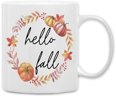 QASHWEY Hello Fall Autumn Mug, Fall Gifts Coffee Mug, Autumn Coffee Mug, Fall Themed Mug Tea Cup Gifts for Fall Lovers Women Men Friends, Fall Wreath Pumpkin Hello Fall Coffee Cups Ceramic 11oz