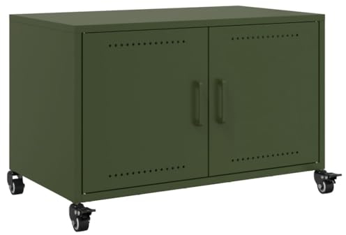 vidaXL TV Cabinet Stand - Olive Green Media Unit - Cold-Rolled Steel - Living Room Storage - 2 Doors - Movable on Wheels - 68x39x43.5 cm
