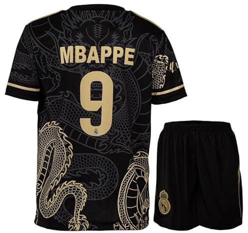 KISRAS R. Madrid Mbappe #9 Retro Goldener Schwarzer Drache Limitierte Sonderedition Seltenes Fußball Kinder Trikot Shorts Set Jugendgrößen. (Schwarz,164)