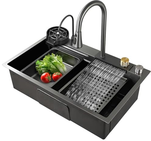 JXDWTL Lavello da Cucina con Rubinetto a Cascata, lavello in Acciaio Inox Nero, Grande lavello a Una Vasca, Inclusa la Lavatrice e Tutti Gli Altri Accessori