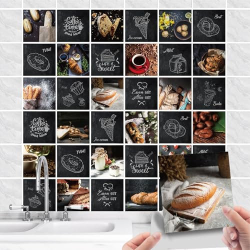36 Stück Fliesenaufkleber Küche Selbstklebende - Küchenrückwand Fliesenfolie PVC mit Essen Spruch - Wasserdicht Ölfest Quadratisch Fliesensticker für Wand-fliesen Dekorative (Brot schwarz, 10x10cm)