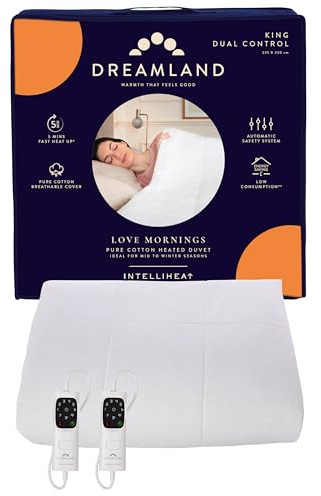 Dreamland Love Mornings Heated Duvet – Pure Cotton Cover, King Size 225×220 cm, 6 Heat Settings, Rapid Heat-Up, 2 Detachable Controllers & Auto Safety Shut-Off, All-Season Use Electric Blanket