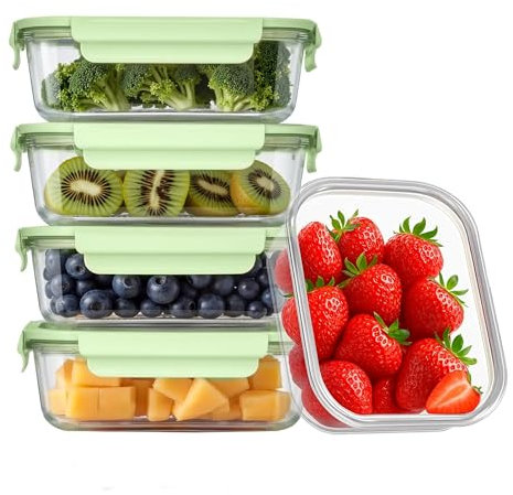 HOUSZY Glass Food Containers with Air-Vent Lids – 5 Pack – Mint-Green – Leakproof Snap Lock, Borosilicate Meal Prep Boxes, Microwave & Freezer Safe, BPA-Free