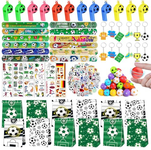 122 Pezzi Gadget Calcio con 12 Sacchetti e Palloni Rotanti per Compleanno | Mix assortito di giochi e accessori, facile da dividere tra gli invitati per regalini, premi scolastici e club sportivi