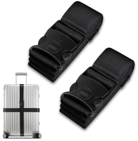 2Stück Koffergurt Kofferband Set, Auffälliges Kofferband, Verstellbare Gepäckgurte mit Zusatzverriegelung und Kreuz Funktion Kofferbands, Kofferbands Gurt Set für Gepäck (Schwarz)