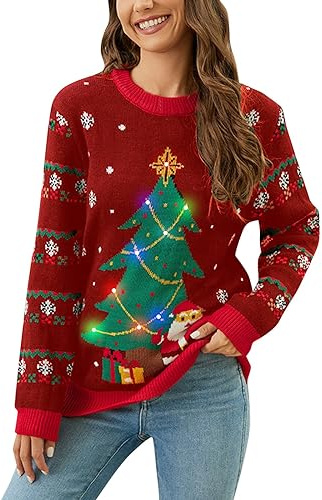 Weihnachtspulli Weihnachtsbaum Damen,Weihnachtspullover Strickpullover Frauen Weihnachtsmotiv Festliche | Weihnachten Pullover Damen mit Beleuchtung Langarm Winter Strick Warm Pulli Sweater Rot