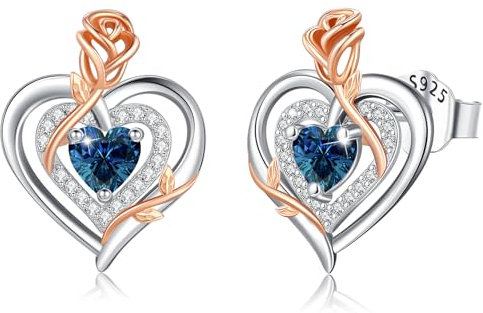 LAVUMO Ohrringe Silber 925, Hypoallergene Rosen Herz Ohrringe Damen,5A Zirkon Geburtsstein Schmuck Ideal Geschenke für Frauen Frau Mutter Weihnachten Valentinstag Geburtstag Muttertag Jubiläums