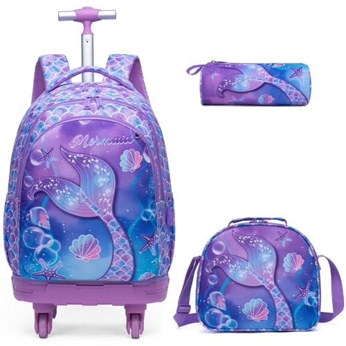 Egchescebo Zaino con Rotelle Bambina Trolley Zainetto Asilo Scuola Elementare Primaria 17” 3PCS a Media Carrello Ruote Piroettanti Valigia Ragazza Cavalcabile per Bambini Rullo Girevole Sirena Viola