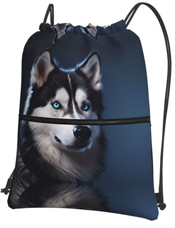 Wzywhj Rucksack mit Husky-Hunde-Aufdruck, Kordelzug, Reißverschluss, für Wandern, Camping, Yoga – bequem für den täglichen Gebrauch, Schwarz, Einheitsgröße