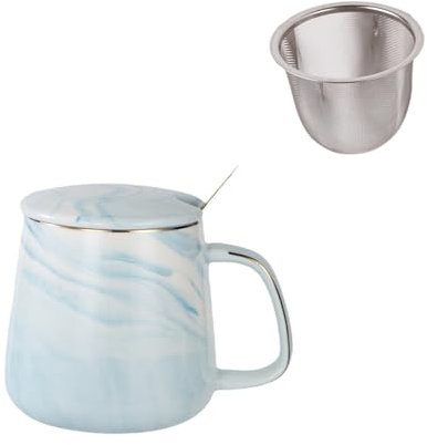 Xfeyaqlo 400ml Taza Te Ceramica Marmol, Tazas de Te con Tapa, Taza Infusiones con Tapa y Filtro, Elegante Compañero de Té de La Tarde, Buena Opción de Regalo (Azul)
