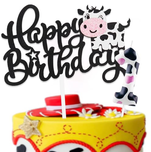 Cow Thema Kuchen Deko mit Happy Birthday Tortendeko und Geburtstagskerzen Zahl 1 für 1.Geburtstag Mädchen Junge Kinder Geburtstagsfeier
