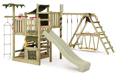 Fatmoose Aire de Jeux Portique d'escalade CrazyCoconut Club XXL avec SurfSwing, Toboggan Vert Sauge & bâche Vert Olive, extérieur Tour d'escalade avec bac à Sable, échelle & Accessoires de Jeux
