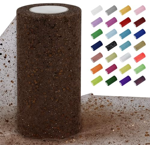 Uiopa Tüllstoff Glitzer 15cm x 45m Tüll Rolle Tüllband Kaffee Pailletten Dekostoff Glitzerband für Tutu Röcke, Geschenkverpackung, Hochzeitsdekoration, DIY Handwerk