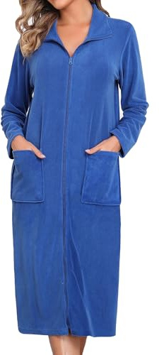 Viakeo Fleece Bademantel für Damen Reißverschluss Nachtkleid Lang Bathrobe Leichtgewicht Hausmantel mit Taschen S-3XL