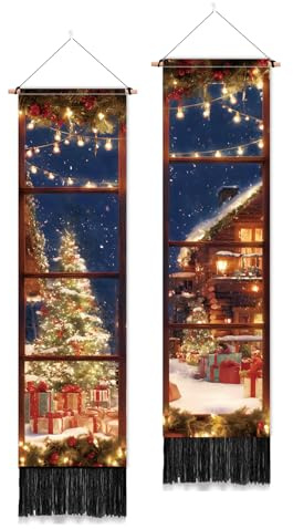 PLIGREAT 2er Pack Weihnachts Wandteppiche Wandbehang Mit Quasten Für Fenster Verschneite Nacht Weihnachtsbaum Haus Wandteppich Für Schlafzimmer Wohnzimmer Heimdekor