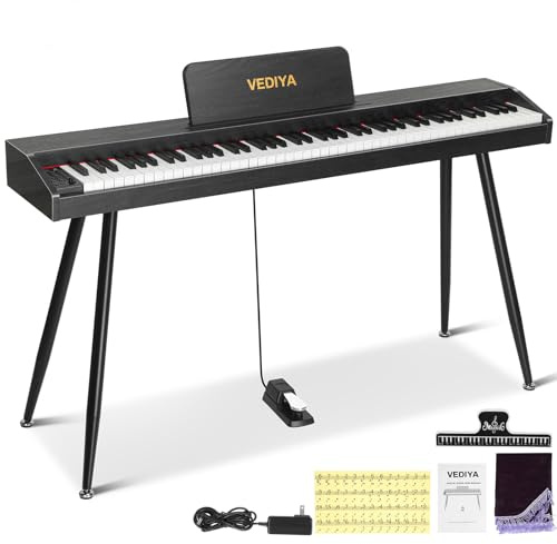 Vediya Digitales Klaviertastatur, 88 Tasten, halbgewichtetes elektrisches Klavier, volle Größe, akustisches Klavier für Anfänger mit Kopfhörer, Pedal, USB-MIDI-Kompatibilität (schwarz mit Ständer)