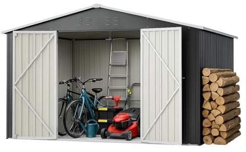 Metall Geräteschuppen mit Fundamentrahmen – 300×252×191 cm, Allwetter-Stahllagerhaus für Garten, Fahrräder, Mülltonnen & Werkzeuge (Schwarz, 10x8 Fuß)