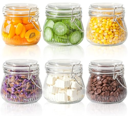 6 Pezzi Barattoli Vetro con Chiusura Clip, 500ml Vasetti Ermetici con Coperchio, Set Barattolo Conserve, Contenitori Alimenti per Spezie, Marmellata,Chicchi Caffè, Zucchero,Confetture, Cereali, Cucina