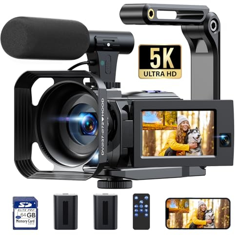 5K Video Camera Camcorder, 56MP Dual Lens Vlogging Camera for YouTube, Cam Corder with 3 270° Flip Touch Screen,16X Zoom, Night Vision, WiFi, Remote, 64GB SD Card, 2 Batteries, Tripod, Webcam