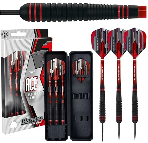Ace Rubber Black Dartpfeile | Steeldarts-Set mit Tragetasche | 20g, 22g, 24g & 26g | Enthält Supergrip-Schäfte und 100-Mikron-Marathon-Flights (24g)