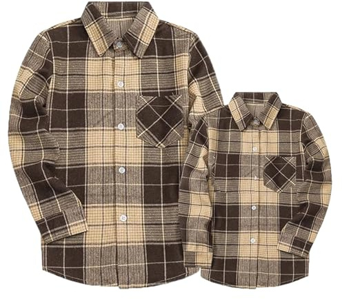SANGTREE Boys and Mens Flannel Plaid Long Sleeve Casual Button Down Shirts, Khaki Plaid, 10-11 Years