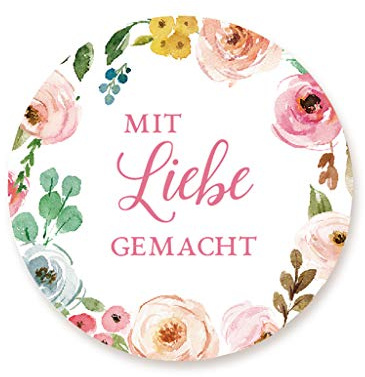 100x Kranz Mit Liebe gemacht Aufkleber Sticker Etiketten für Gastgeschenk, Marmelade, Kekse,Mitgebsel,Tischdeko, Selbstgemachtes zur Hochzeit Geburtstag Taufe Weihnachten - UNI 321K