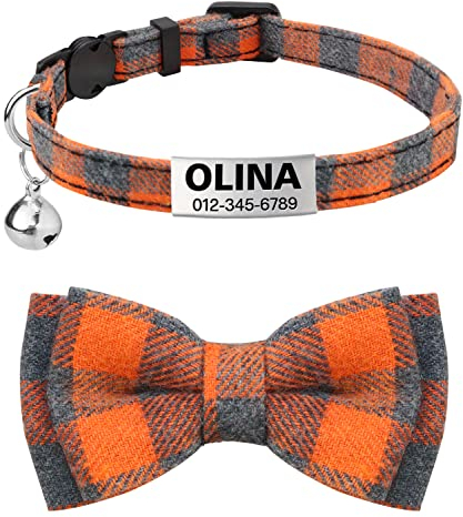 TagME Katzen halsbänder mit Namen und Telefonnummer Auf, Kätzchenhalsband mit Sicherheits Verschluss und Glöckchen,Orange