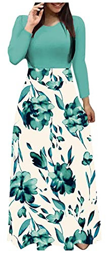AMhomely Long Sleeve Maxi Dress for Women UK Casual Color Block Floral Dresses Ladies Elegant Wedding Guest Long Dresses Autumn Casual O-Neck Patchwork Dress Party Maxi A-Green
