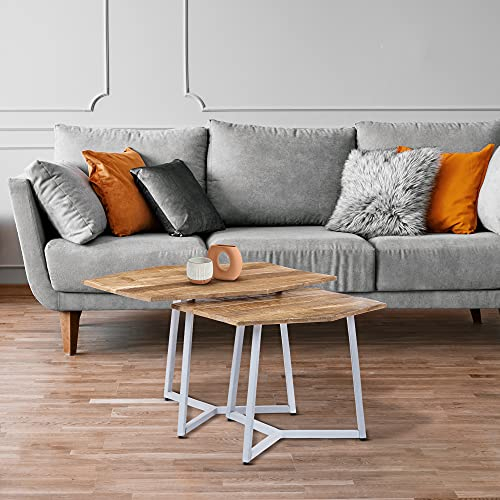 WOMO-DESIGN Beistelltisch Arizona aus Massivholz im 2er Set 73x56 cm / 56x48 cm, Natur-Weiß, Unikat, handgefertigt, Mangoholz/Metall, Satztische Couchtisch Wohnzimmertisch Sofatisch Kaffeetisch Set