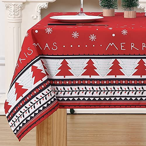LinTimes Weihnachten Tischdecke Rot Wasserabweisend Tischwäsche Weihnachtsdekoration Wachstuch mit Weihnachtsbaum Tafeltuch Rechteckig 54 x 90 Zoll