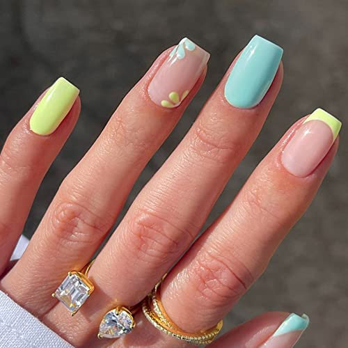 Flower Design False Nails, 24Pcs Short Square Cute Press on Nails with Glue Stickers, Blue French Tips Natural Acrylic Full Cover Artificial stick on Nails for Women and Girls DIY Nail Manicure