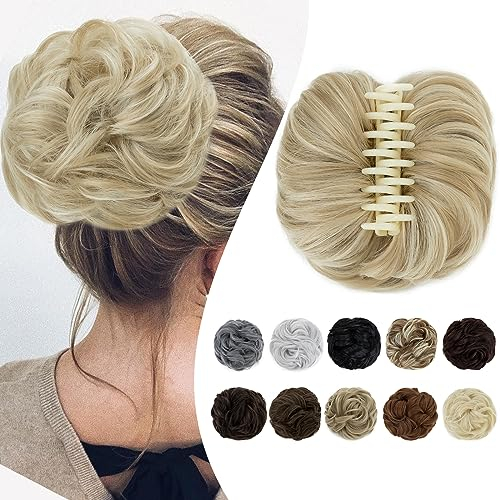 Elailite Haarteil mit Klammer Haar Dutt Haarteile Haardutt Haargummi mit Haaren #24H613 Aschblond/Hellstes Blond Haarverlängerung mit Gummiband Clip Bun (Kaliber 15cm)