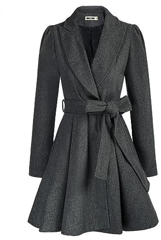GRACE KARIN Damen Mantel mit Gürtel Revers Wintercoat mit Gürtel Wintermantel Warm Jacke Mantel Casual Outwear Schwarz-Grau L