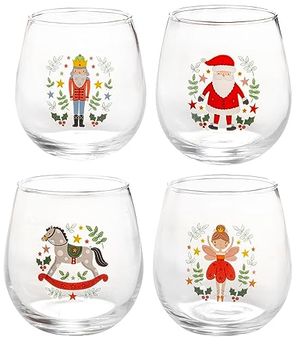 YöL Set Of 4 Christmas Glass Tumblers Glasses Cups Xmas Eve Party Festive Table Decoration 450ml