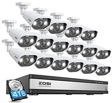 ZOSI 4K Überwachungskamera Aussen Set mit 2 Wege Audio, Videoüberwachung mit 16X 8MP PoE Kamera und 16CH 4TB HDD NVR, Personenerkennung und Fahrzeugerkennung