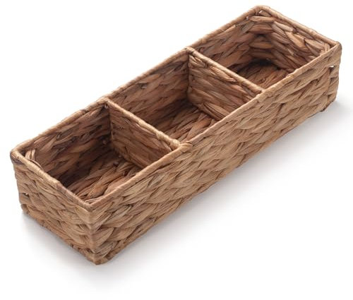 Panier de Rangement avec 3 Compartiments Rectangulaires Jacinthe d’Eau Corbeille Osier Salle de Bain Organiseur de Stockage Tempon Rembourrage 37cm x 12cm x 8cm