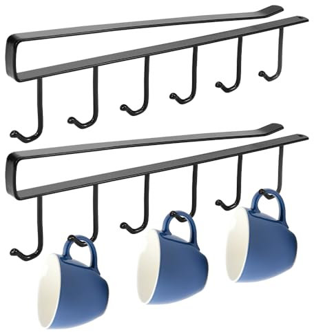 YAANBUNB 2 Pack Cup Holder Under Cabinet, 6 Hooks Tea Cup Mug Holder Under Shelf Mug Hanger Vertical Over The Door Towel Rack Display Hanging Cups Drying Hook for Bar Kitchen Cupboard Utensils, Black