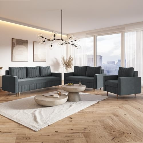 MOTIVENA Leo Sofagarnituren, Sofa Set 3 2 1 Wohnzimmer, Sofa 3 2 1 Set, Couch Set, Futon Set, Wohnzimmer Couch Set, Couch 3 2 1 Set, Bonellfederkern (H4), Samt, Grau Anthrazit