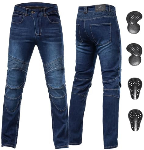 ForMTRider Jeans Moto Homme avec Armure CE,Pantalons en Denim Élastique pour Équipement de Cyclisme Toute Sais,Bleu,M=34W/30L