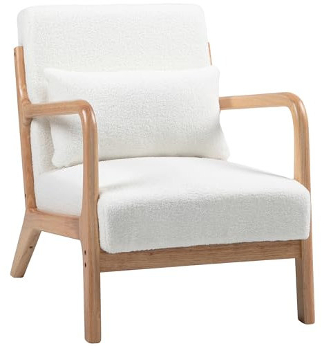 HOMCOM Fauteuil de Salon avec Cadre en Bois Massif Fauteuil Lounge - Assise Profonde - accoudoirs - Aspect Velours crème