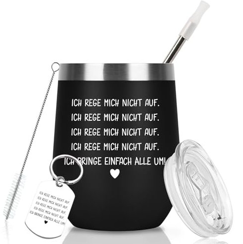 Diztoud Geschenke für Männer, Kollegen, Freund, Frauen, Lustig Thermobecher mit Spruch Ich Rege Mich Nicht Auf, 12oz 350ml Doppelwandig Edelstahl Weinbecher mit Deckel und Strohhalm Schlüsselanhänger